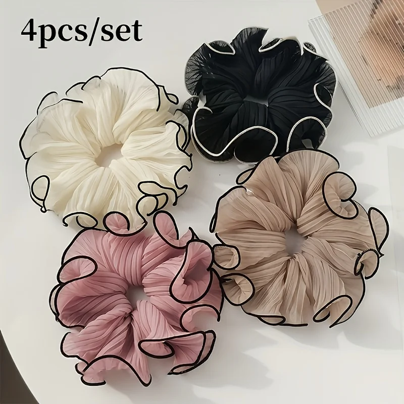 Travel Accessories Sale - 4個/セット エレガントなフリンジ付きファブリックシュシュ - ソリッドシフォン、フリル/チュール/リボンスタイル、マルチカラーのデイリーヘアアクセサリー