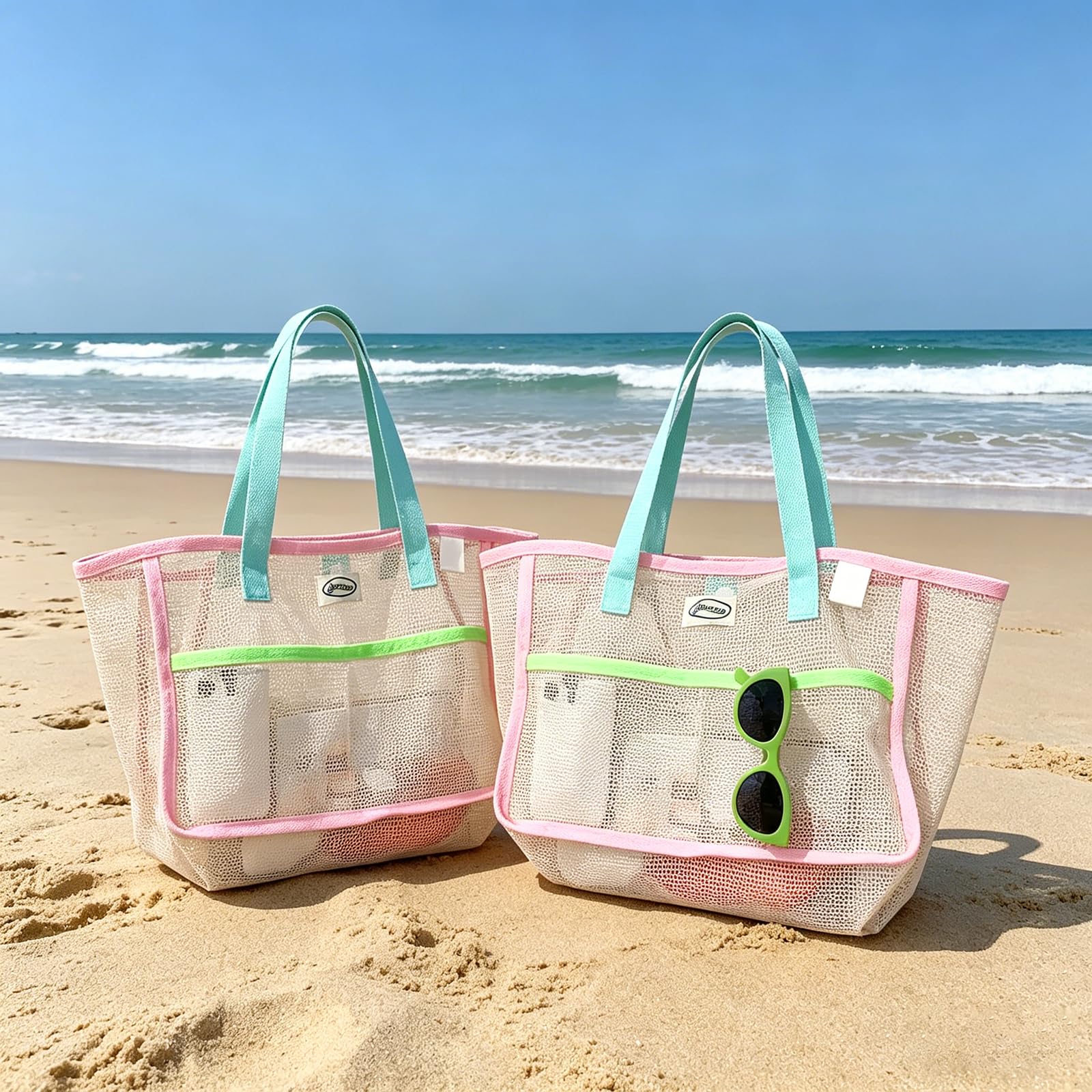 Travel Accessories Us - 女性用ビーチバッグ カラフルな折りたたみ式ネットサンドトートバッグ 旅行用プール収納ポケット ビーチアクセサリー用