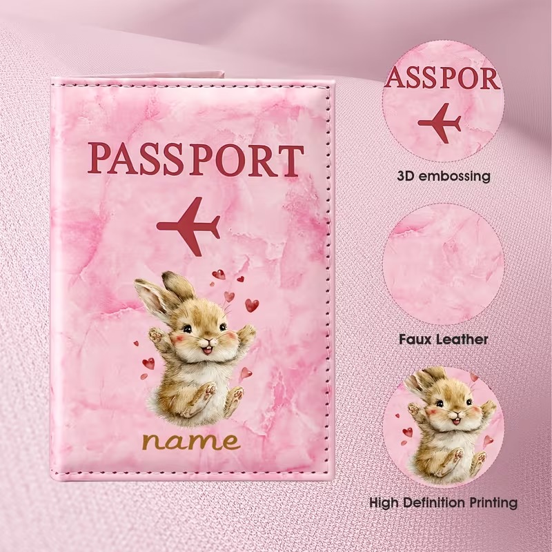 Travel Accessories Present - カスタムネームのかわいいウサギのイラストデザインのPUパスポートホルダー。愛らしいウサギとハートの要素が特徴です。