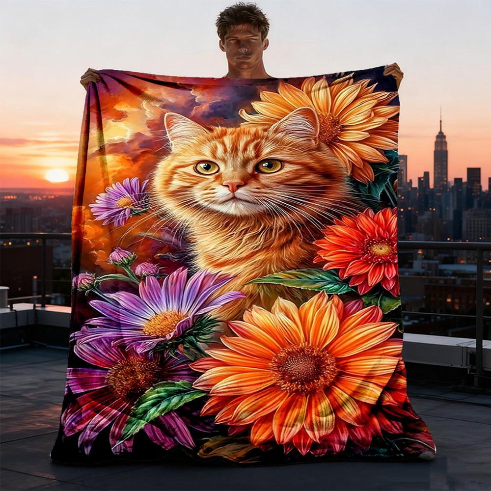 花柄の猫のイラストが描かれた屋外用スローケット、ボタニカルな - Travel Accessories Present のレビューと価格