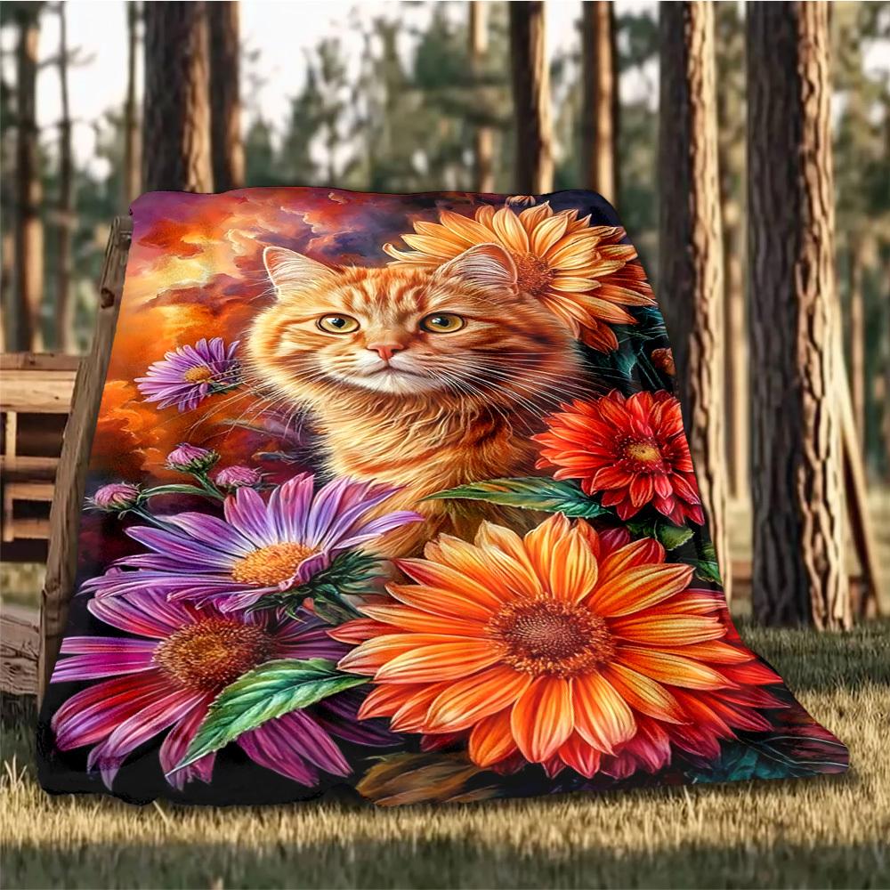 花柄の猫のイラストが描かれた屋外用スローケット、ボタニカルな - Travel Accessories Present のレビューと価格