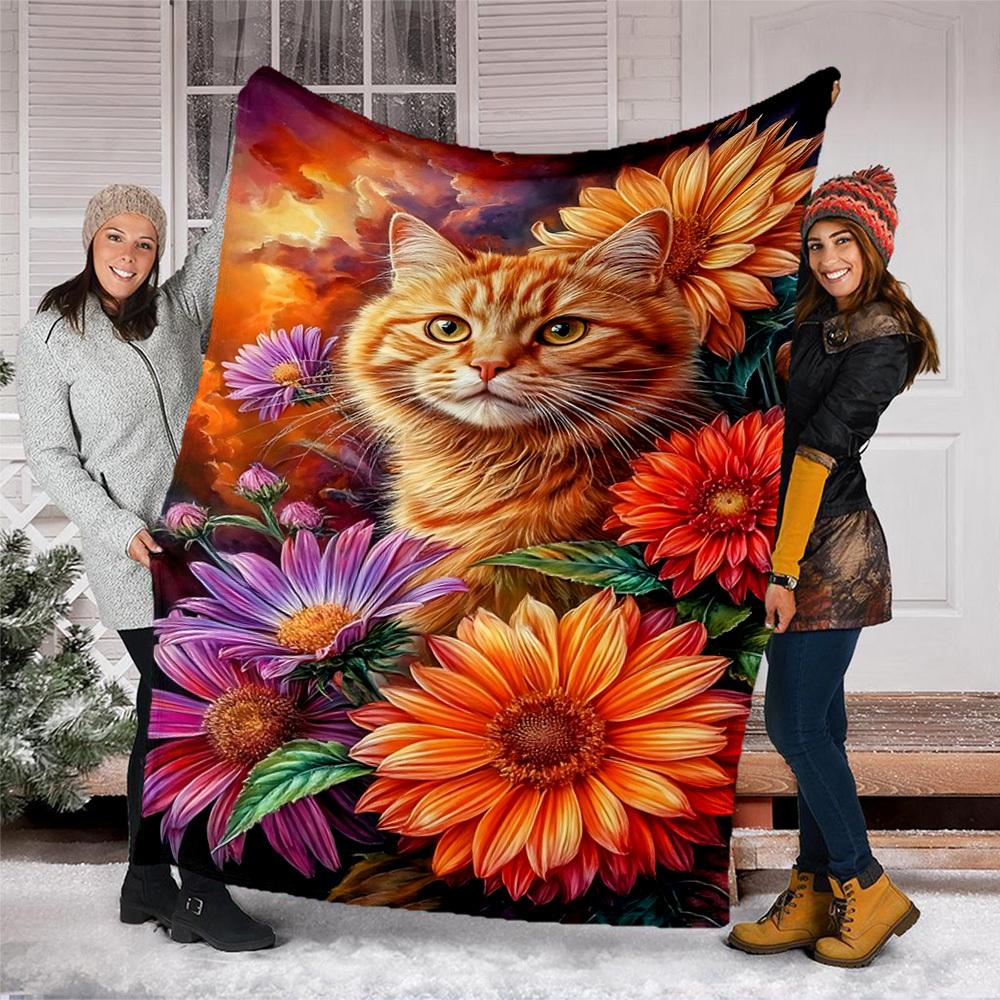 花柄の猫のイラストが描かれた屋外用スローケット、ボタニカルな - Travel Accessories Present のレビューと価格
