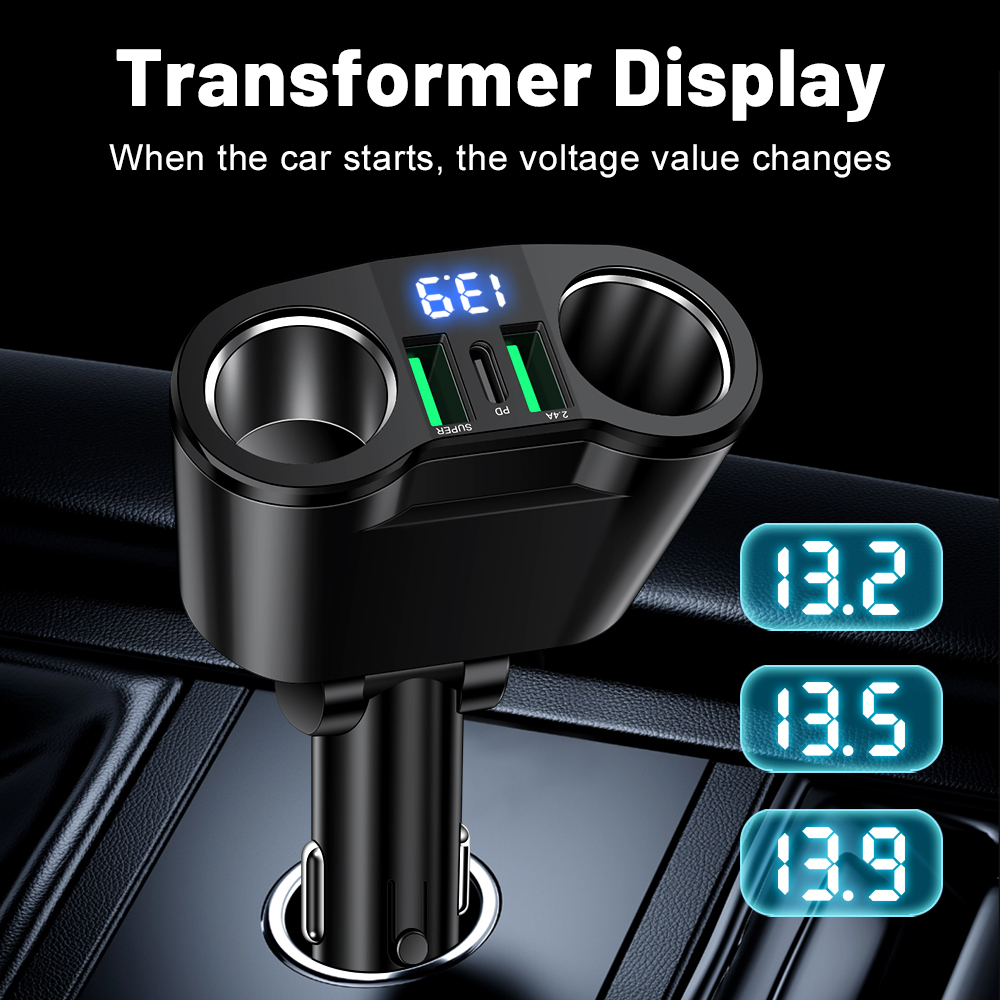 USBカーチャージャーアダプター タイプC デジタルディスプ - Travel Plug Type C のレビューと価格